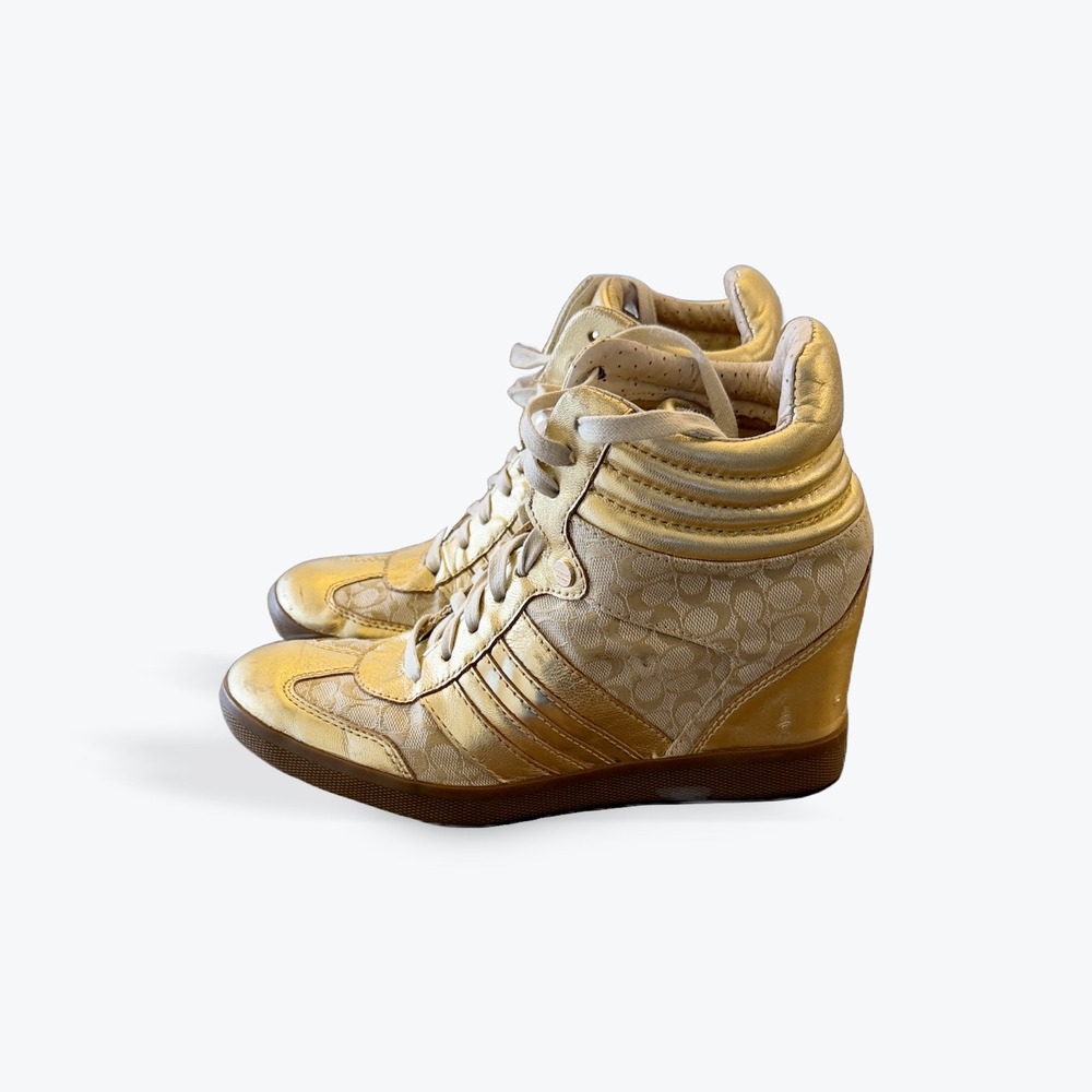 Coach Alara Metallic Gold Signature Jacquard Wedge Sneakers A1630 Mens 8.5 M